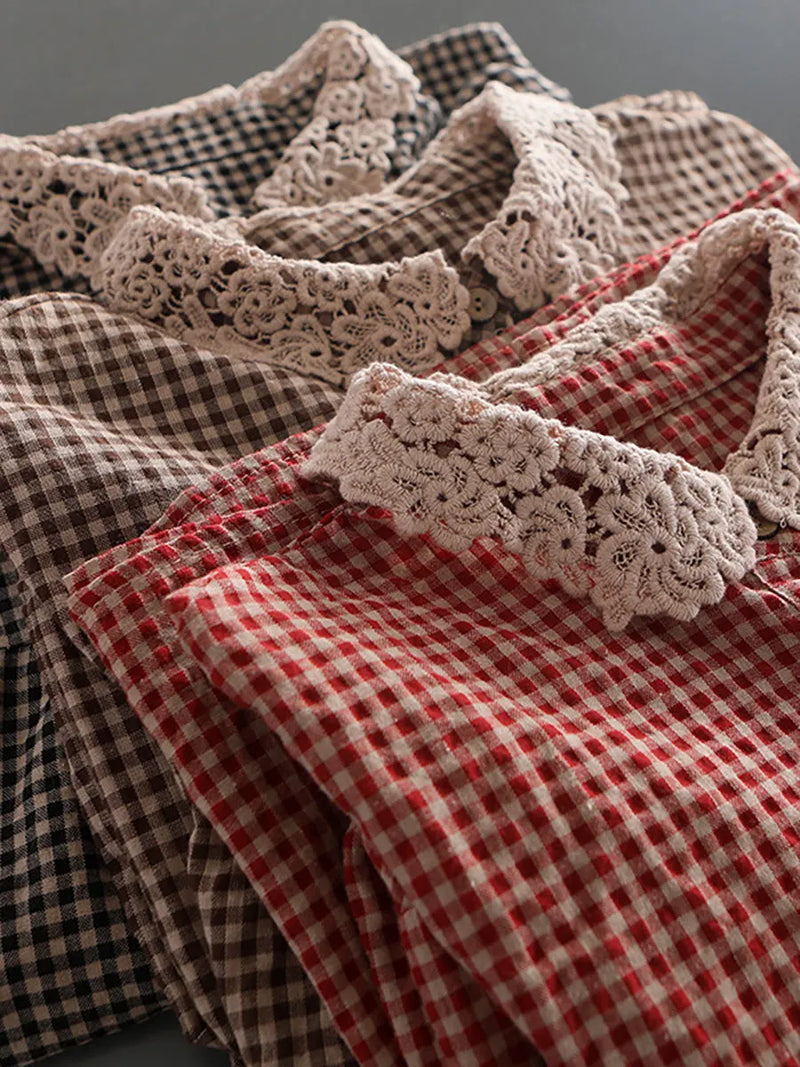 Loose Breasted Lace Plaid Tops
