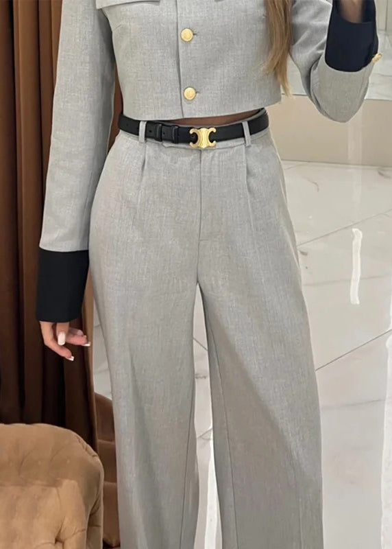 Style Grey Tops and Pants Cotton Two Pieces Set Fall