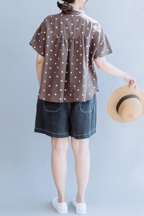 Coffee Cotton Linen Blouse Loose Tops for Summer