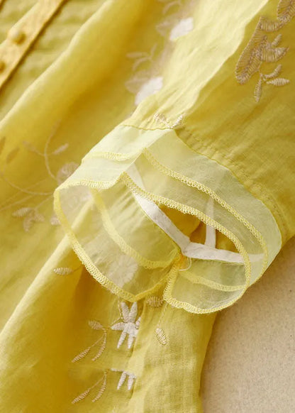 Yellow Stand Collar Embroideried Patchwork Cotton Shirts Bracelet Sleeve