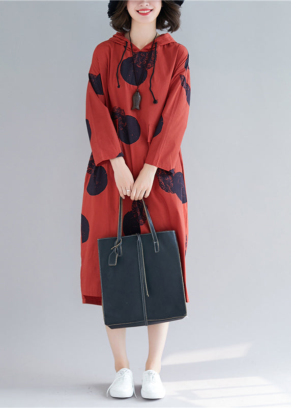 Red Hooded Print Cotton Loose Sweatshirt Dress Fall