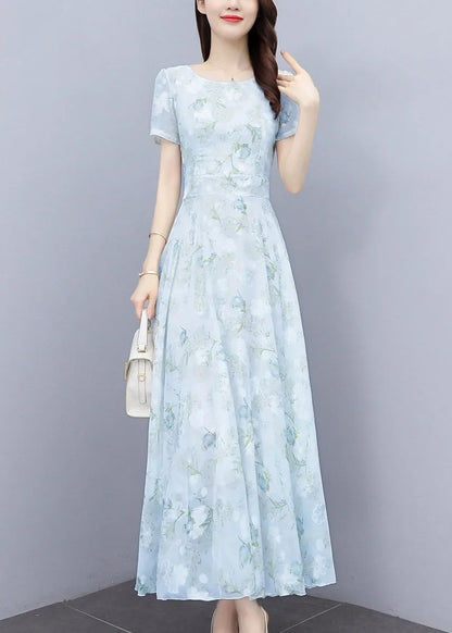 Light Blue Print Silm Fit Chiffon Long Dresses Summer
