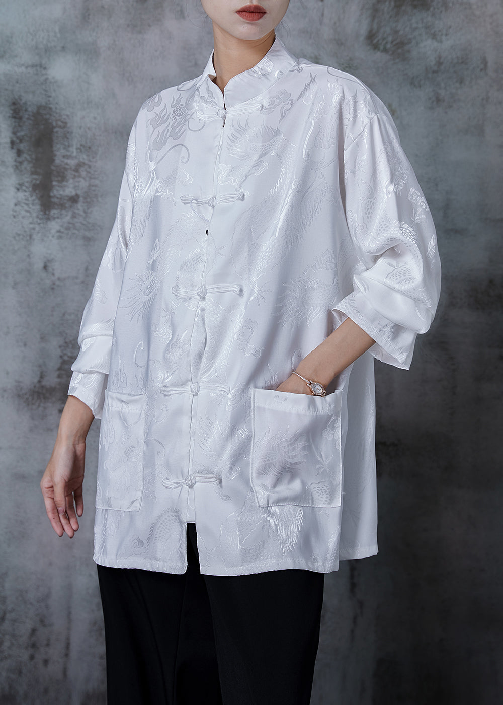 White Oversized Jacquard Silk Blouse Top Spring