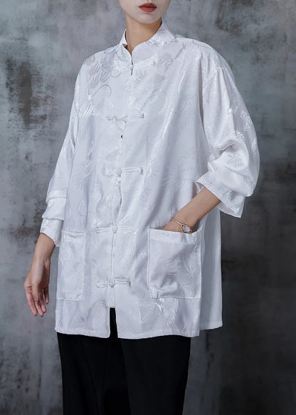 White Oversized Jacquard Silk Blouse Top Spring