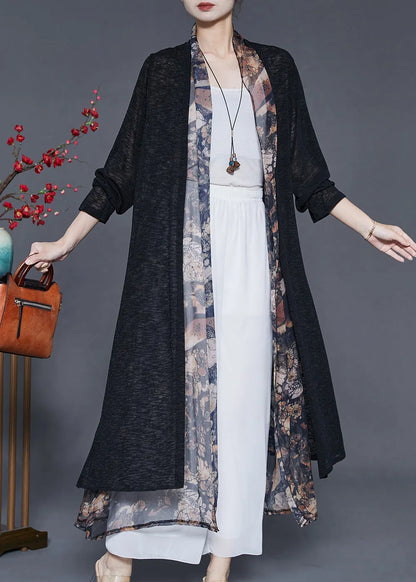 Black Oversized Patchwork Silk Long Cardigan Summer