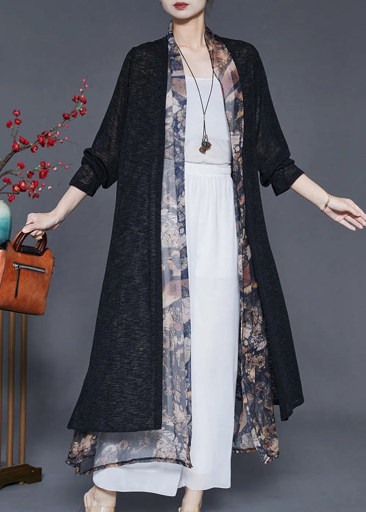 Black Oversized Patchwork Silk Long Cardigan Summer