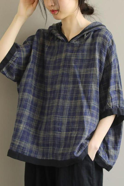 Cotton Plaid Hooded Color Patchwork T-shirt