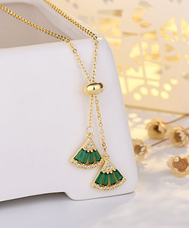 Green Copper Overgild Zircon Fan Shaped Pendant Necklace