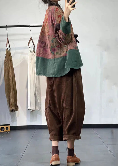 Green Tie Waist Patchwork Print Linen Cardigan Fall