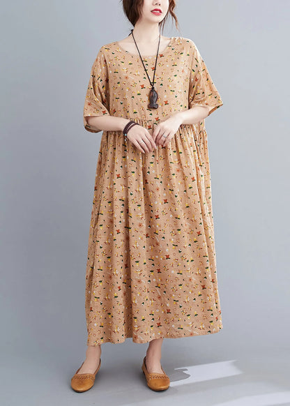 French Pink Orange O-neck Wrinkled Print Cotton Loose Dresses Short Sleeve