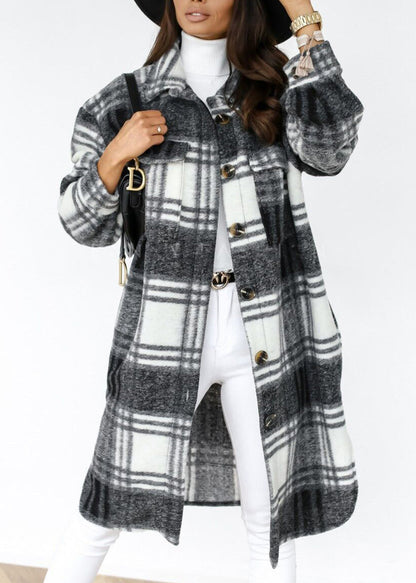 Black Peter Pan Collar Plaid Woolen Shirts Coat Spring