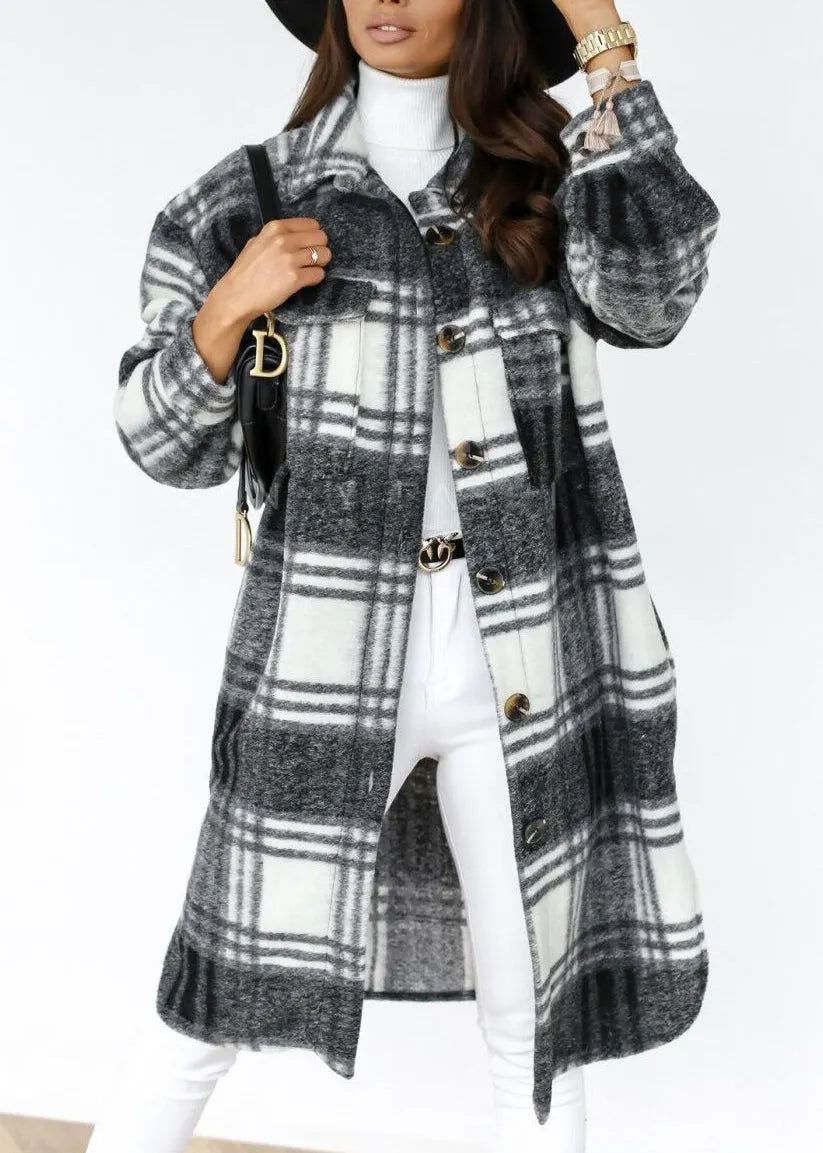 Black Peter Pan Collar Plaid Woolen Shirts Coat Spring