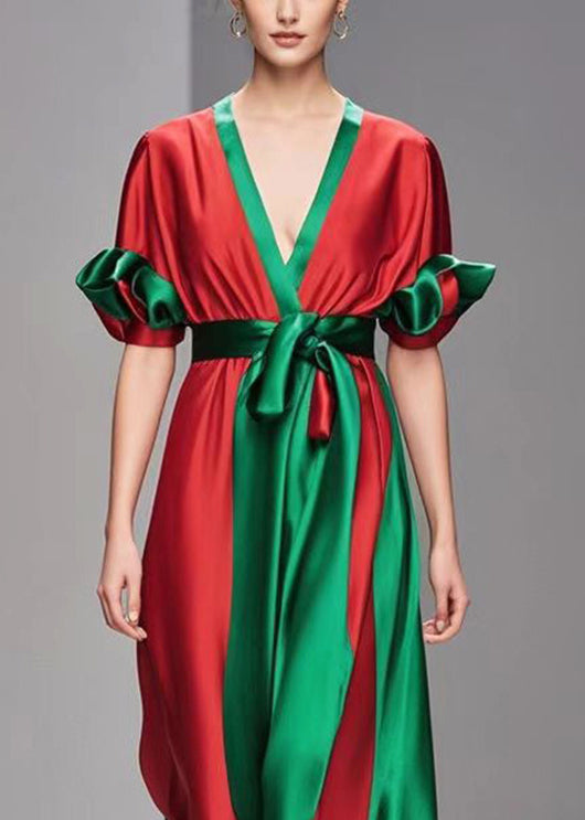 Red Cinched Patchwork Draping Silk Dress Petal Sleeve