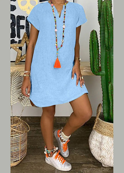 Simple Grey V Neck Loose Cotton Mid Dresses Summer