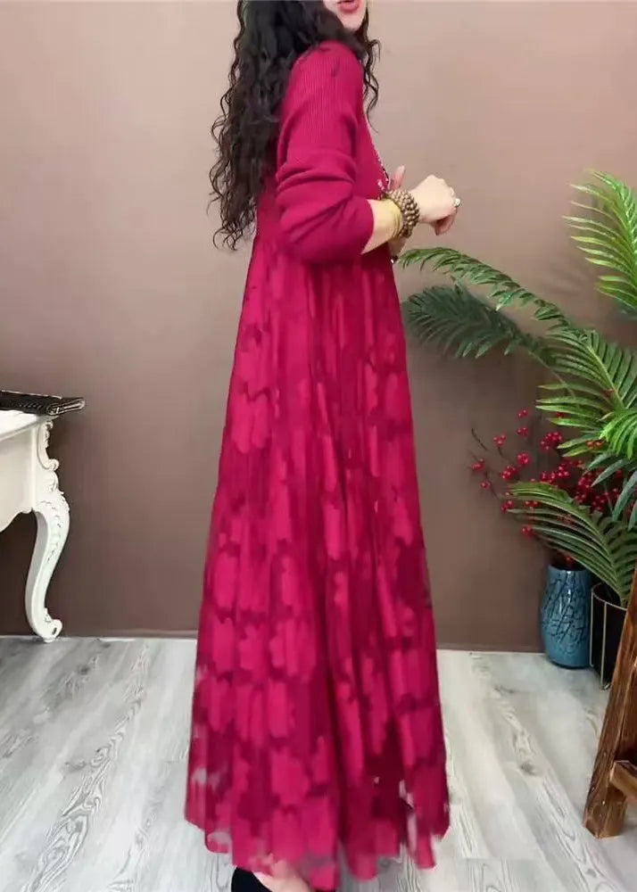 Loose Brown Turtleneck Tulle Patchwork Long Dresses Winter