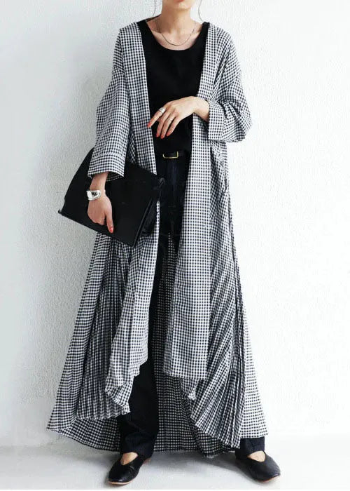 Plaid V Neck Wrinkled Patchwork Cotton Loose Cardigans Spring