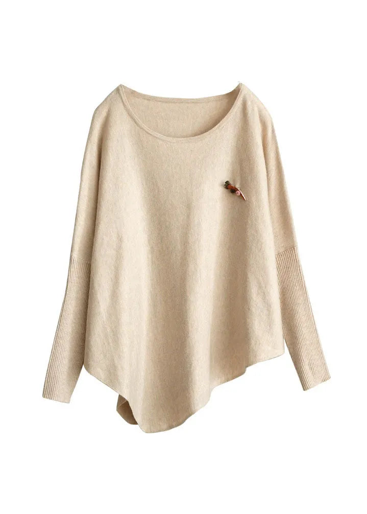 Italian Beige O-neck Asymmetrical Knit Tops Spring