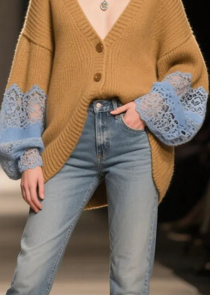 Cozy Coffee Oversized Patchwork Lace Cardigan Fall