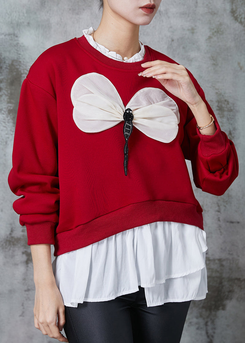 Red Patchwork Dragonfly Cotton Sweatshirts Top Spring