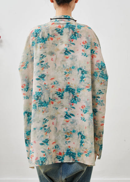 Blue Print Chinese Button Linen Shirt Top Summer