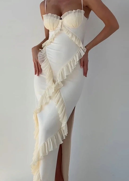 White Ruffled Patchwork Cotton Spaghetti Strap Dress Summer
