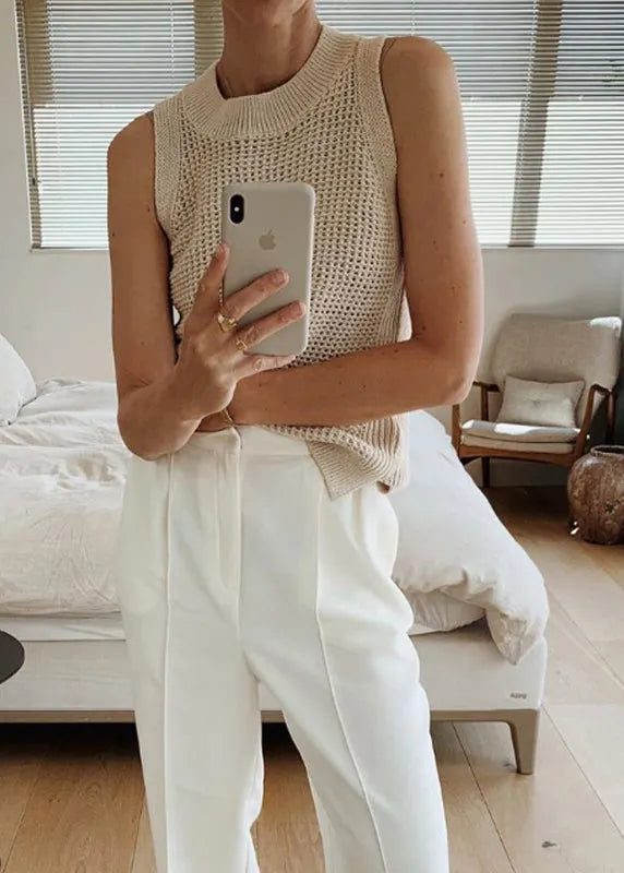 Style Beige O Neck Hollow Out Ice Silk Knit Tops Sleeveless