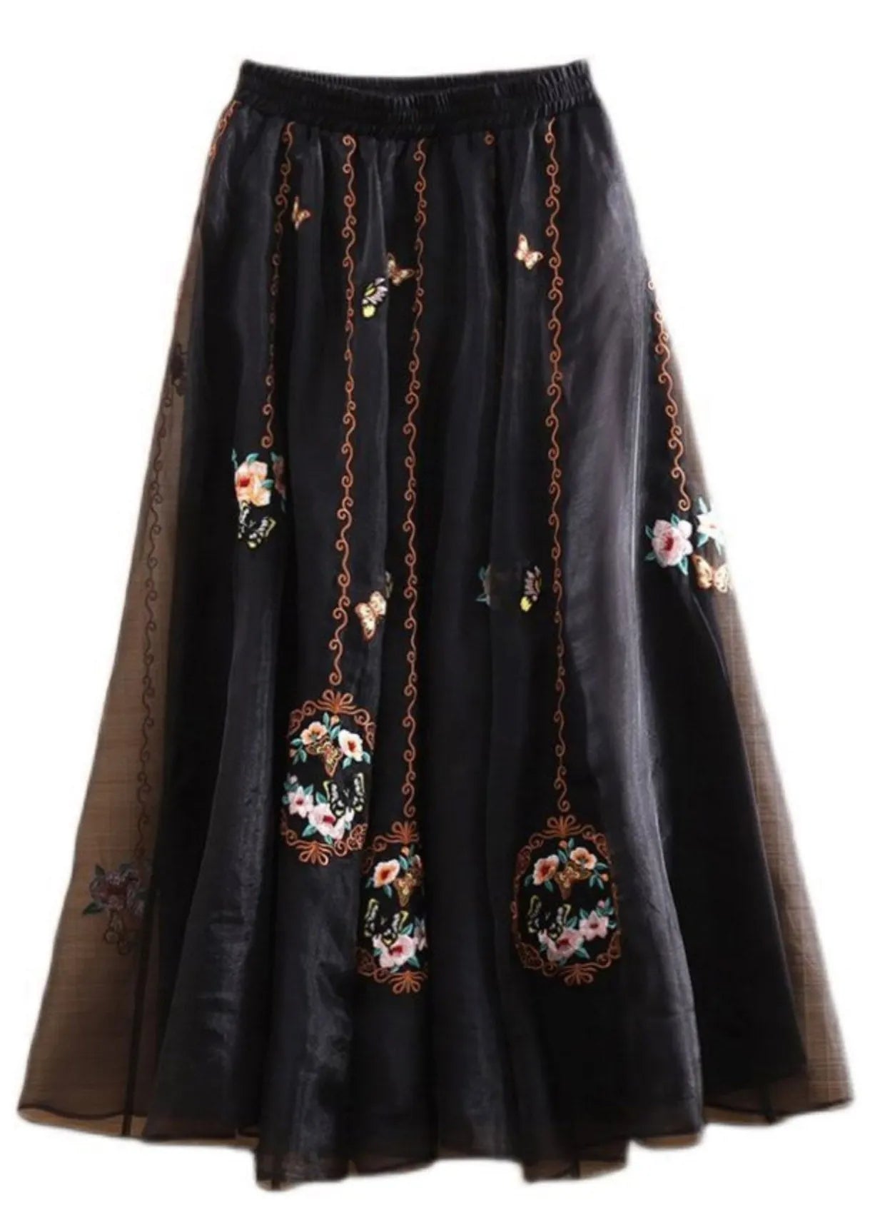 Black Elastic Waist Embroidered Tulle Maxi Skirts Summer