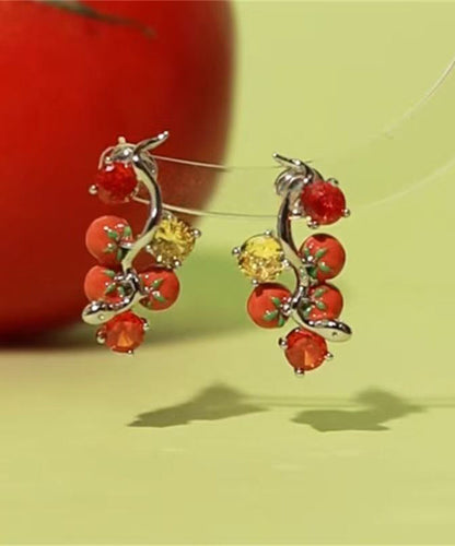 Red Copper Overgild Zircon Dripping Glaze Tomato Stud Earrings