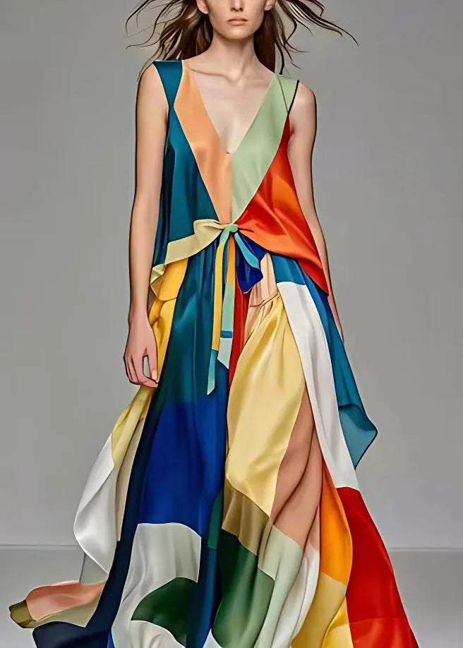 V Neck Lace Up Patchwork Silk Long Dresses Sleeveless