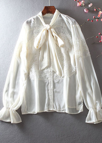 Boutique Apricot Bow Embroidered Chiffon Shirt Spring