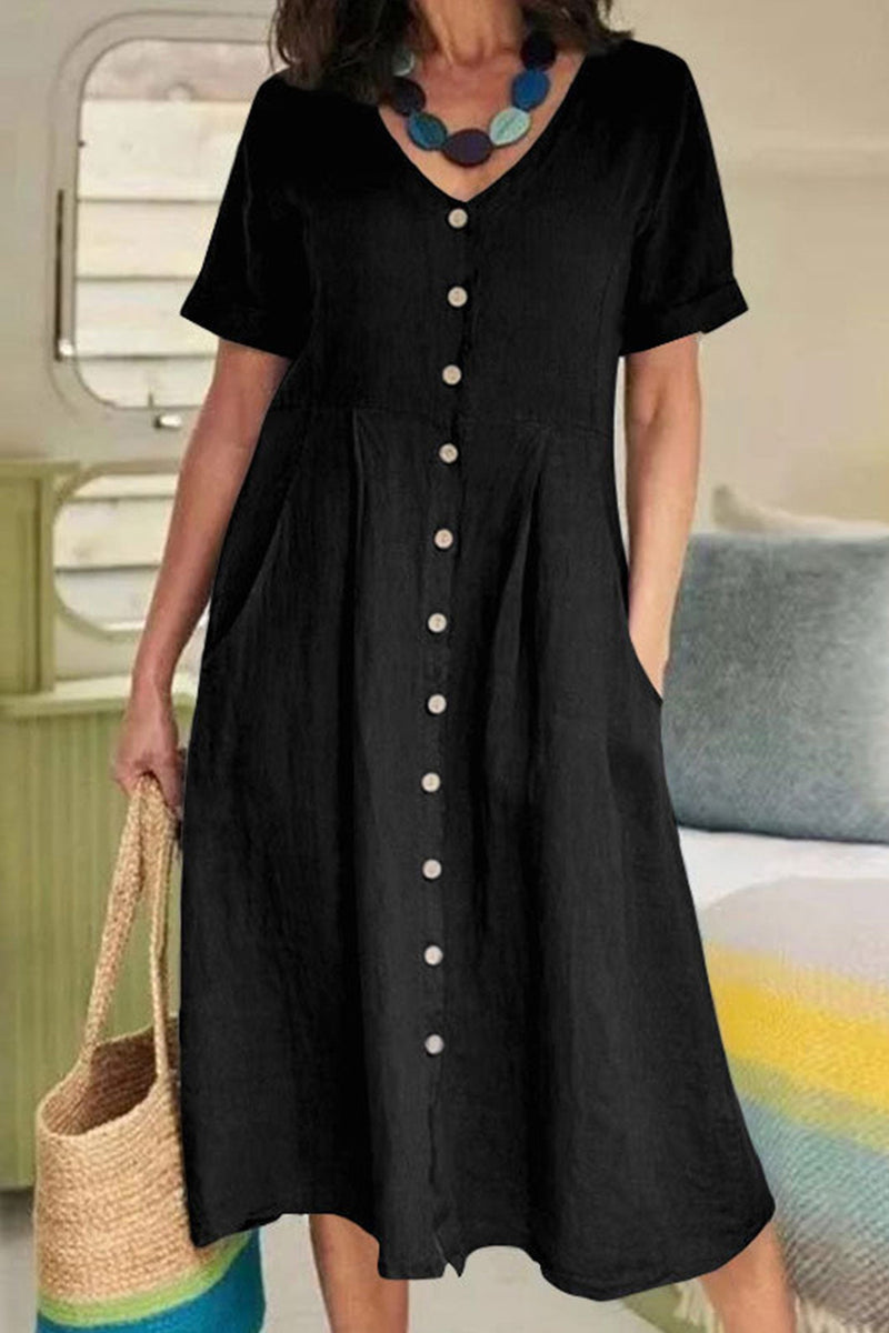 Cotton Linen Button-down Midi Dress