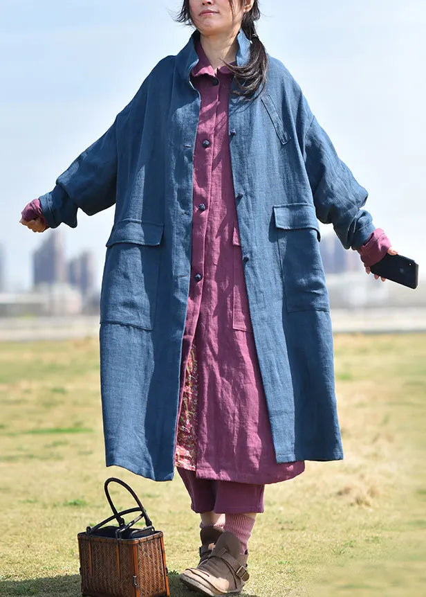 Black Stand Collar Pockets Linen Coat Spring