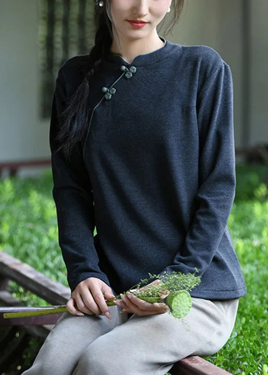 Coffee Stand Collar Oriental Button Cotton Tops Spring