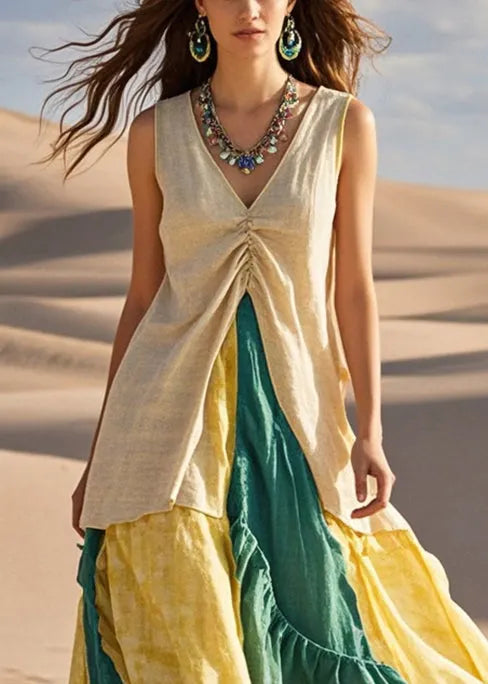 Khaki Cinched Patchwork Exra Large Hem Cotton Dress Sleeveless