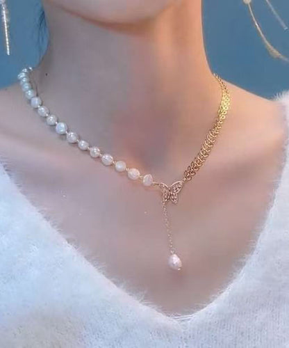 Gold Alloy Zircon Pearl Butterfly Ear of Wheat Pendant Necklace