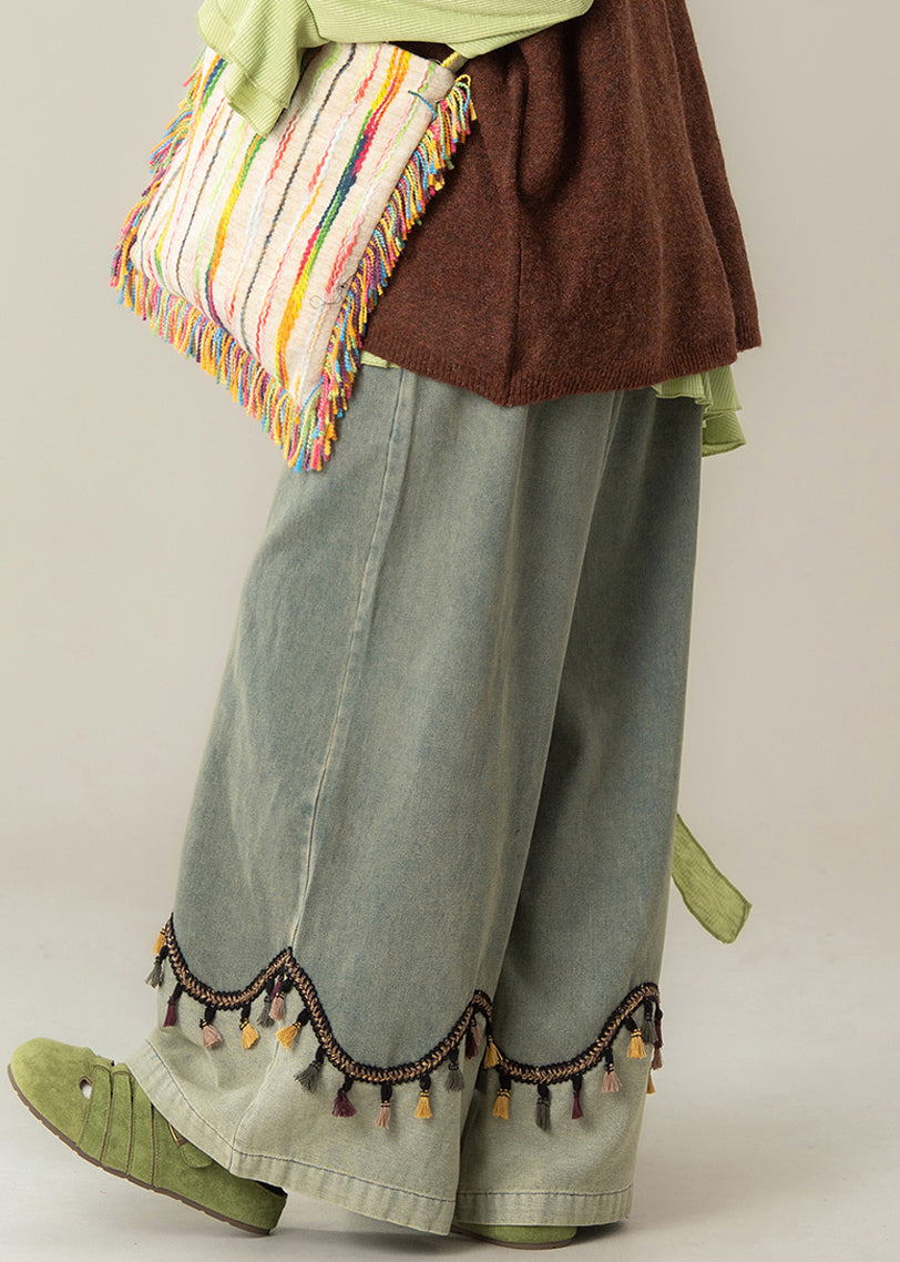 Blue Tasseled High Waist Patchwork Denim Wide Leg Pants Fall