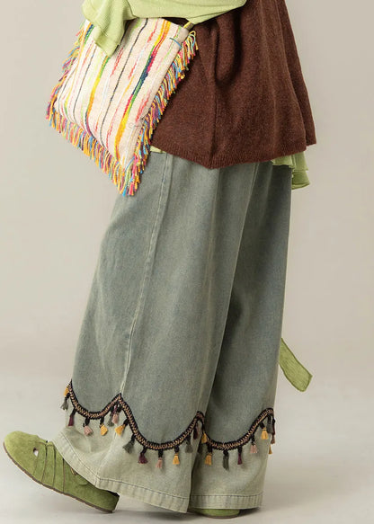 Blue Tasseled High Waist Patchwork Denim Wide Leg Pants Fall