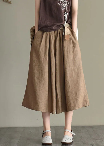 Khaki Elastic Waist Oversized Pockets Linen Wide Leg Crop Pants Summer