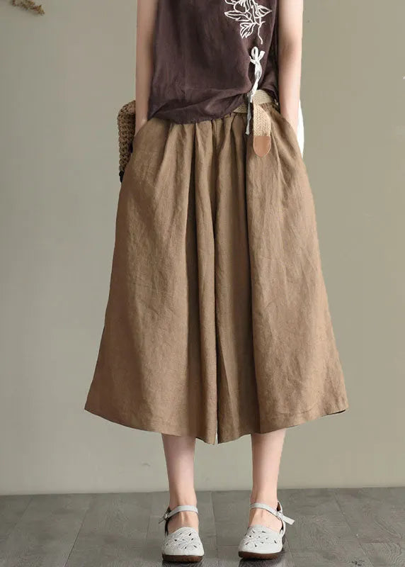 Khaki Elastic Waist Oversized Pockets Linen Wide Leg Crop Pants Summer