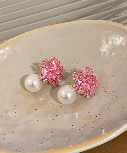 Pink Copper Alloy Zircon Pearl Drop Earrings