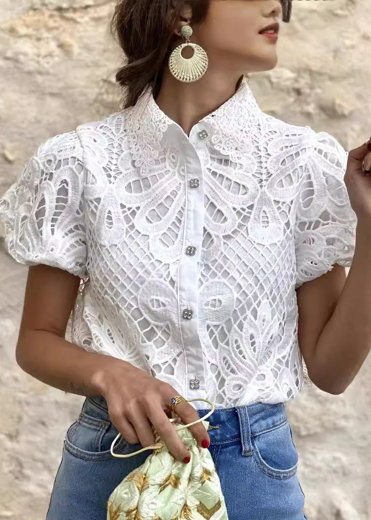 White Peter Pan Collar Hollow Out Lace Blouse Top Summer
