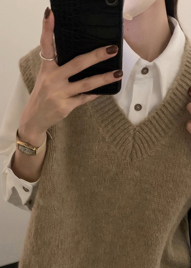Grey V Neck Cozy Knit Vest Tops Sleeveless