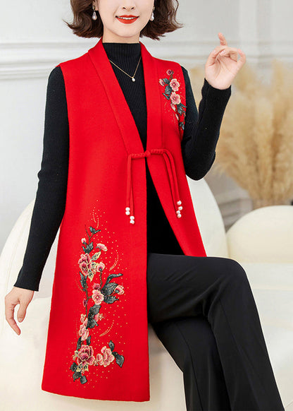 Red Long Wool Knit Waistcoat Embroidered Sleeveless