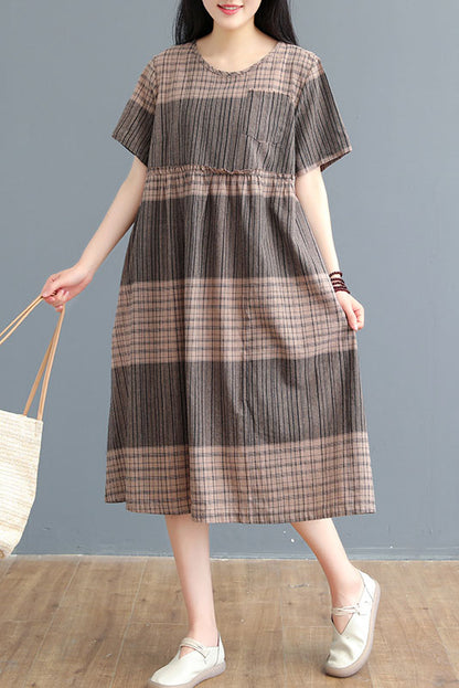 Summer Striped Plaid Dress Cotton Linen Dress