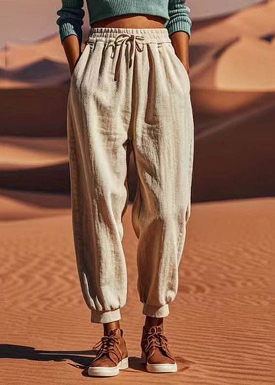 Light Khaki Tie Waist Beam Pants Summer