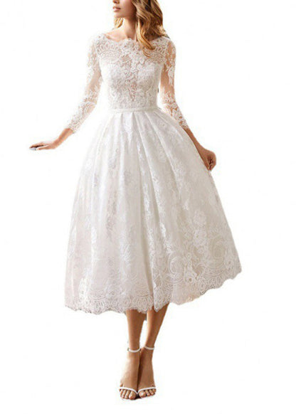 French White Slash Neck Wrinkled Patchwork Lace Dresses Summer