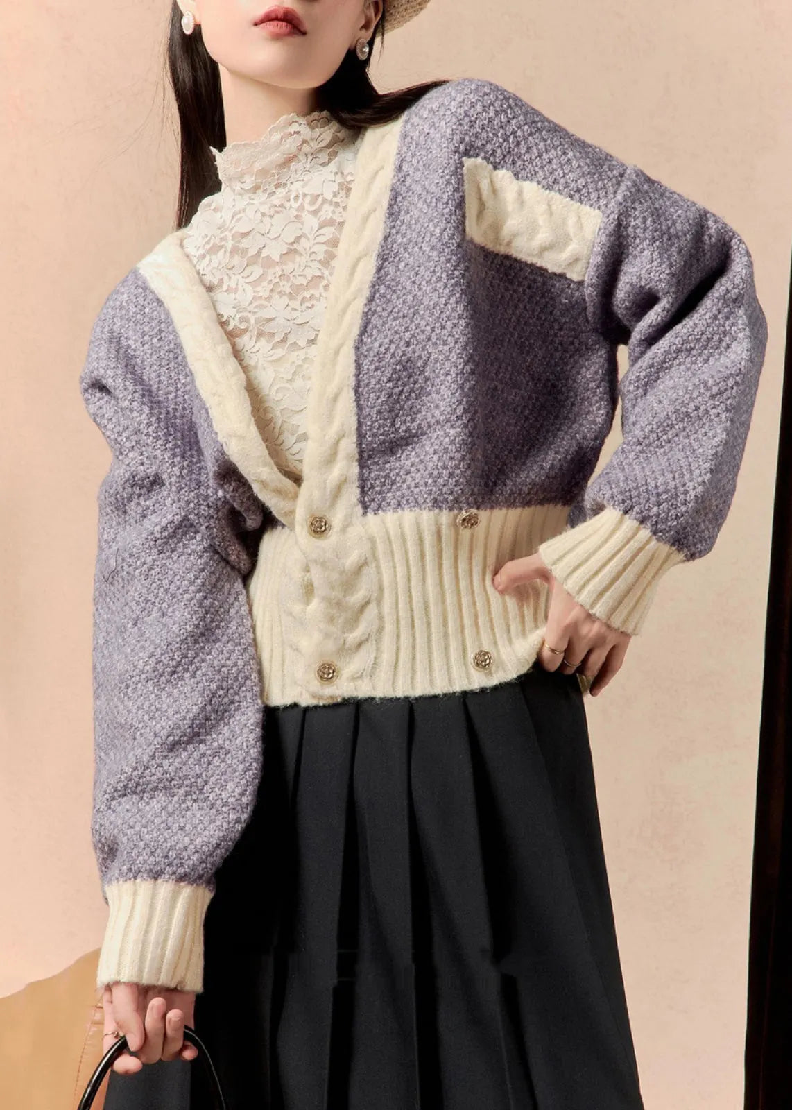 Purple V Neck Button Patchwork Knit Cardigan Winter