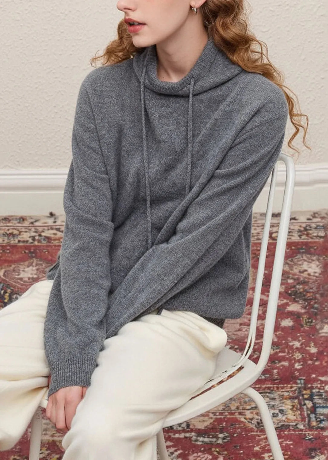 Stylish Grey Hooded Drawstring Knit Pullover Spring