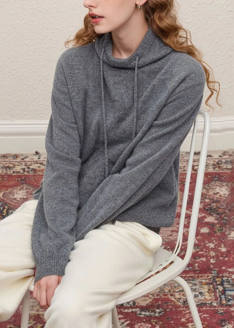 Stylish Grey Hooded Drawstring Knit Pullover Spring