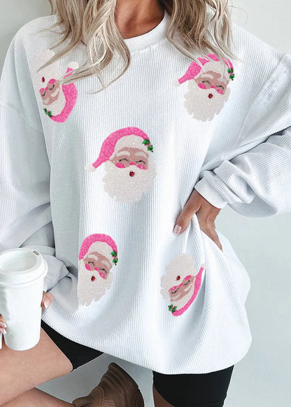 Stylish White O Neck Christmas Print Cotton Sweatshirt Winter